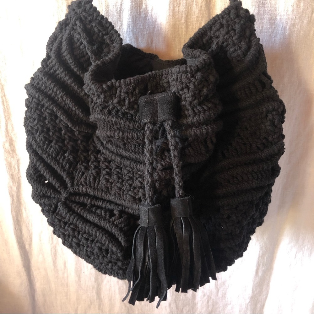 Like new BCBG cotton and buffalo leather tassels crochet macrame bucket bag OS